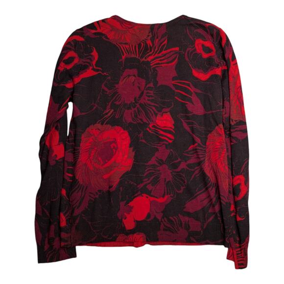 Calvin Klein Red Black Rose Floral Print Round Neck Button Up Wool Cardigan L - Picture 2 of 4